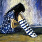 pastel painting of girl in blue dress and striped socks