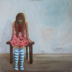 oil painting of girl on bench in red dress and striped socks