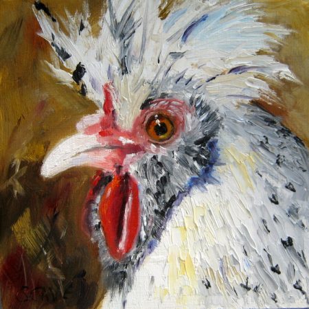 oil painting of white polish rooster