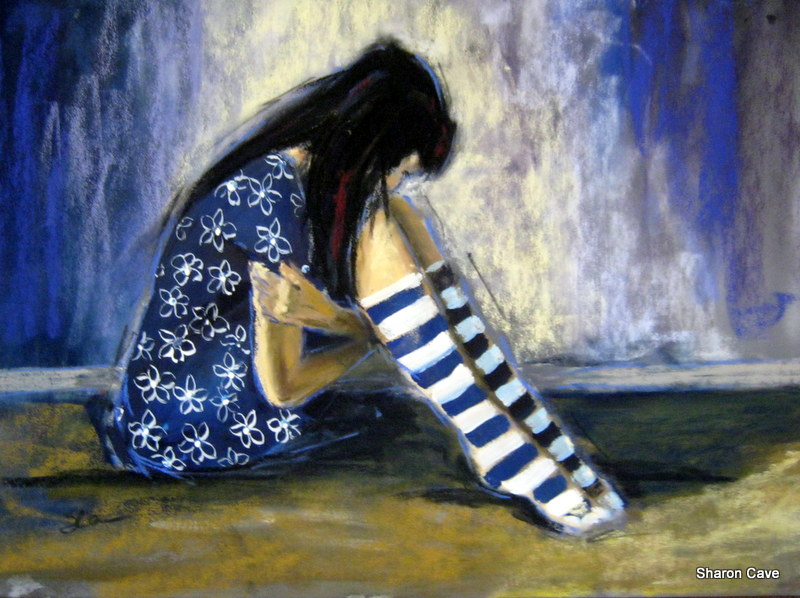 pastel painting of girl in blue dress and striped socks