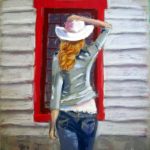 pastel painting of girl in jeans and white hat
